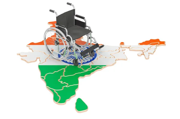 有印度国旗的轮椅 残疾在印度的概念 3D渲染隔离的白色背景 — 图库照片