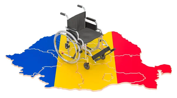Cadeira Rodas Com Bandeira Romena Incapacidade Roménia Conceito Renderização Isolado — Fotografia de Stock