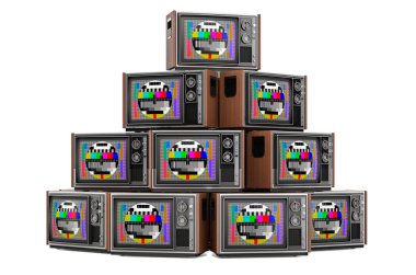 Eski TV seti yığını, 3 boyutlu görüntüleme beyaz arkaplanda izole edildi