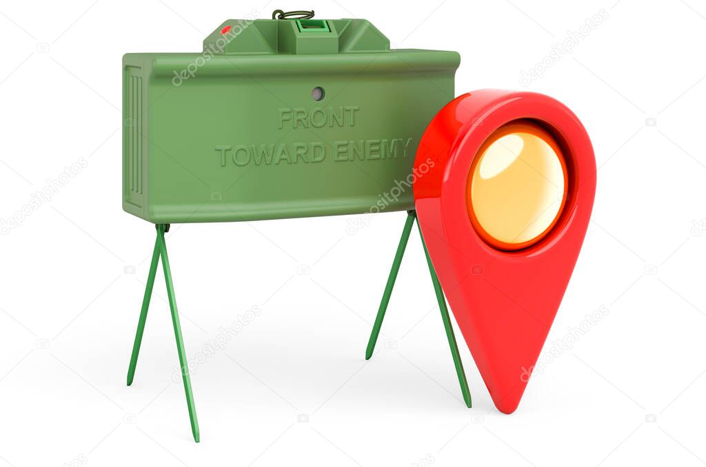 Map pointer with anti-personnel mine, 3D rendering isolated on white background