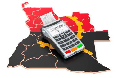 POS terminali ile Angola haritası. Angola konseptinde nakit ödemeler. Beyaz arkaplanda 3B görüntüleme izole edildi