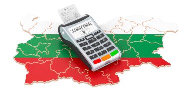 POS terminalli Bulgar haritası. Bulgaristan konseptinde nakit ödemeler. Beyaz arkaplanda 3B görüntüleme izole edildi