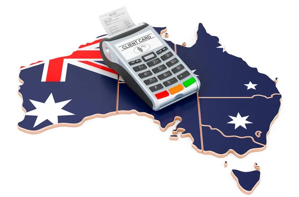 Австралійська Карта Терміналом Pos Безготівкові Платежі Австралії Рендеринг Ізольований Білому — стокове фото