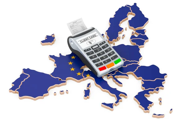 Mapa Con Terminal Pos Pagos Sin Efectivo Concepto Unión Europea — Foto de Stock