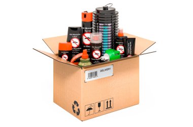 Böcek savar ürünleri ve lamba sivrisinek elektrikli böcek öldürücü paketin içinde, 3 boyutlu görüntüleme beyaz arka planda izole