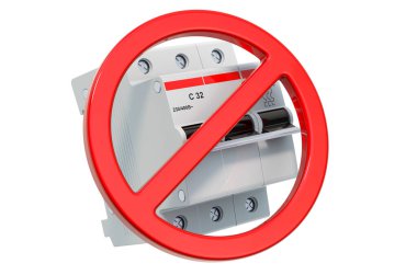 Yasak sembollü üç direkli minyatür devre kesici, beyaz arkaplanda 3 boyutlu görüntüleme