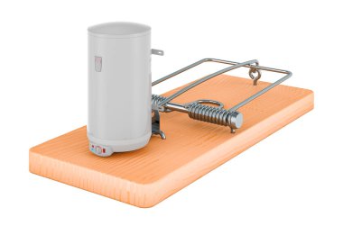 Fare kapanının içinde elektrikli kazan, beyaz arkaplanda 3 boyutlu görüntüleme