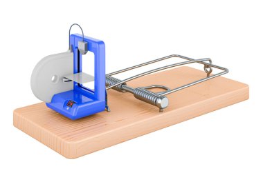 Fare kapanının içinde 3D yazıcı, beyaz arkaplanda 3D görüntüleme