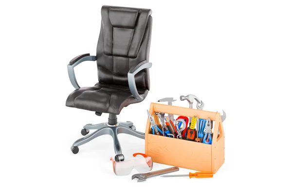 Fotel Biurowy Skrzynką Narzędzia Serwis Naprawa Fotela Biurowego Renderowanie Izolowane — Zdjęcie stockowe