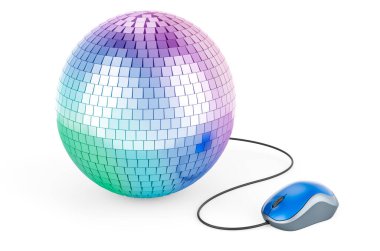 Bilgisayar fareli ayna disko topu. Beyaz arkaplanda 3B görüntüleme izole edildi