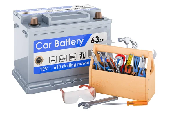 Autobatterij Met Gereedschapskist Reparatie Service Van Auto Batterij Rendering Geïsoleerd — Stockfoto