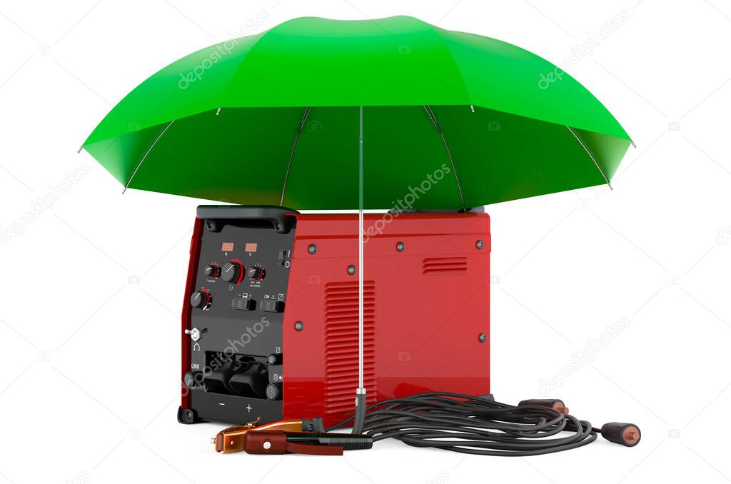 Multi-process welder machine unicycle under umbrella, 3D rendering isolated on white background