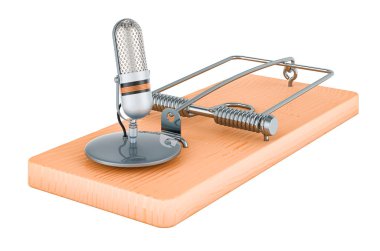 Fare kapanı içindeki mikrofon retro, beyaz arkaplanda 3 boyutlu görüntüleme