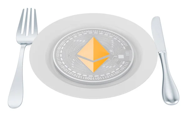 Gabel Von Äthereum Konzept Ethereum Mit Platte Gabel Und Messer — Stockfoto