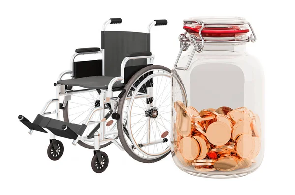 Ręczny Wózek Inwalidzki Szklanym Słoikiem Pełnym Złotych Monet Renderowanie Białym — Zdjęcie stockowe
