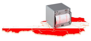 Avusturya 'da deprem, kavram. Avusturya haritasında sismograf. Beyaz arkaplanda 3B görüntüleme izole edildi