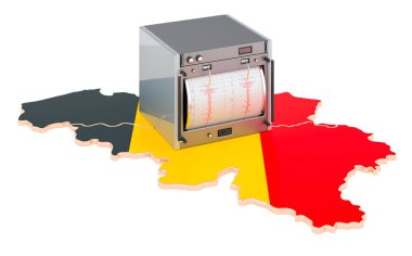 Belçika 'da deprem, kavram. Belçika haritasında sismograf. Beyaz arkaplanda 3B görüntüleme izole edildi