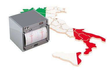 Earthquake in Italy, concept. Seismograph on the Italian map. 3D rendering isolated on white background clipart