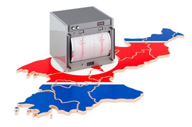 Kuzey Kore 'de deprem, kavram. Kuzey Kore haritasında sismograf. Beyaz arkaplanda 3B görüntüleme izole edildi