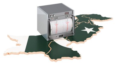 Pakistan 'da deprem, kavram. Pakistan haritasında sismograf var. Beyaz arkaplanda 3B görüntüleme izole edildi