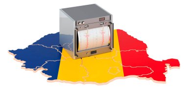 Romanya 'da deprem, kavram. Romanya haritasında sismograf var. Beyaz arkaplanda 3B görüntüleme izole edildi