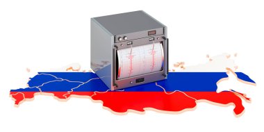 Rusya 'da deprem, kavram. Rus haritasında sismograf. Beyaz arkaplanda 3B görüntüleme izole edildi