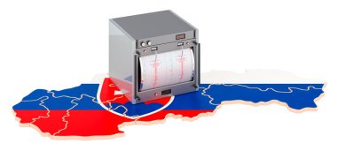 Slovakya 'da deprem, kavram. Slovak haritasında sismograf var. Beyaz arkaplanda 3B görüntüleme izole edildi