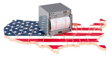 ABD 'de deprem, kavram. Birleşik Devletler haritasında sismograf. Beyaz arkaplanda 3B görüntüleme izole edildi