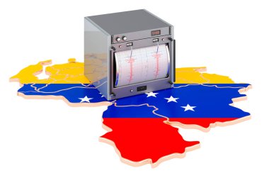 Venezuela 'da deprem, kavram. Venezuela haritasında sismograf var. Beyaz arkaplanda 3B görüntüleme izole edildi