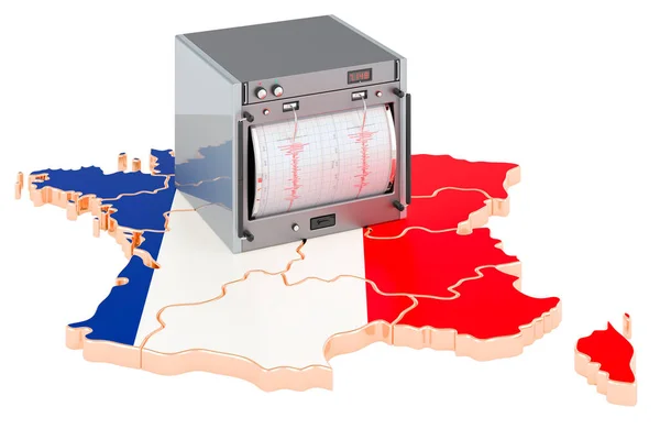 フランスでの地震 コンセプト フランスの地図上の地震計 白い背景に隔離された3Dレンダリング — ストック写真