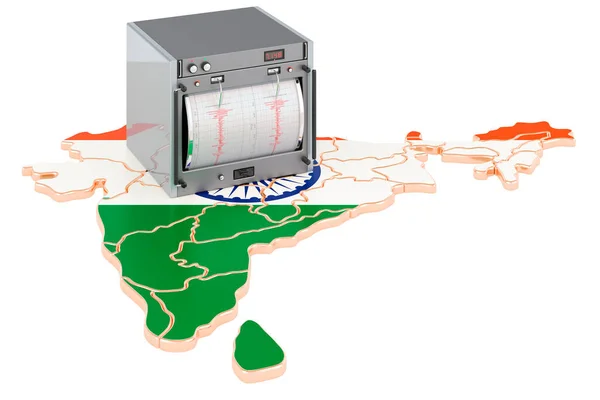 Zemětřesení Indii Koncept Seismograf Indiánské Mapě Vykreslování Izolované Bílém Pozadí — Stock fotografie