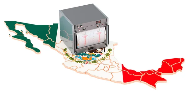 Terramoto México Conceito Sismógrafo Mapa Mexicano Renderização Isolada Fundo Branco — Fotografia de Stock