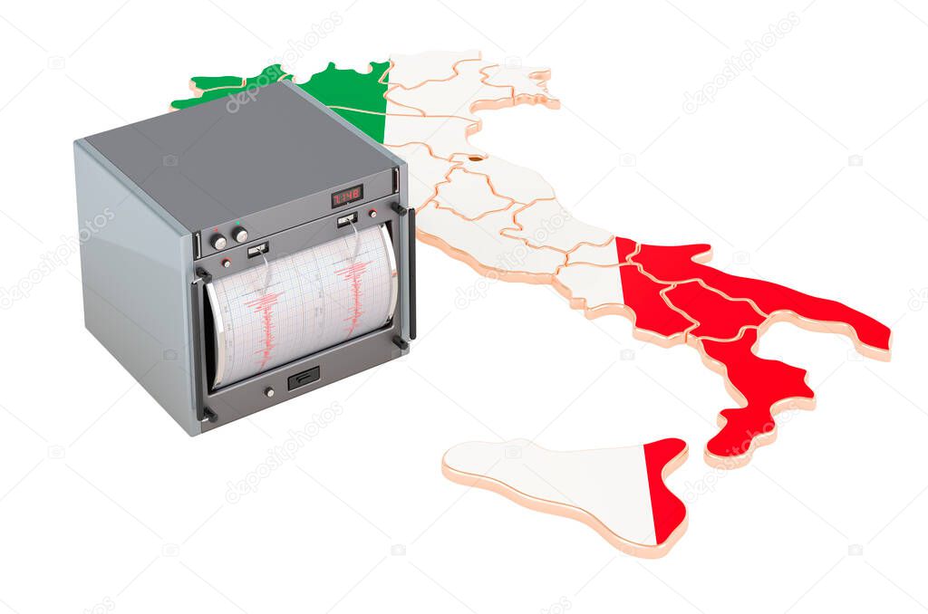 Earthquake in Italy, concept. Seismograph on the Italian map. 3D rendering isolated on white background