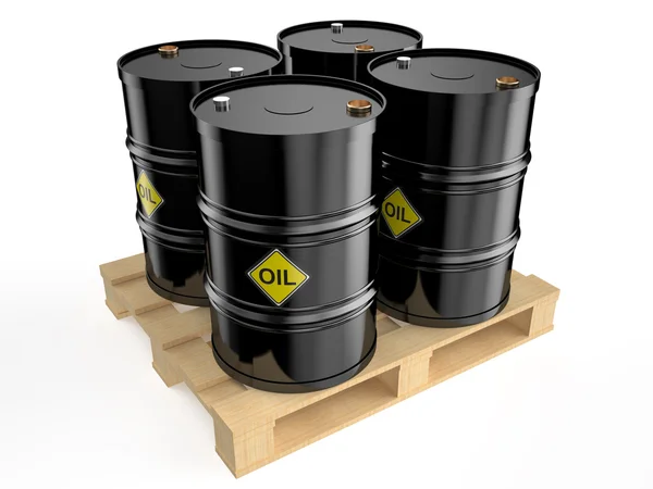 Barriles de petróleo negro en paleta — Foto de Stock