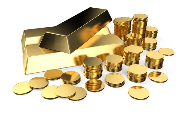 Gouden ingots en munten — Stockfoto