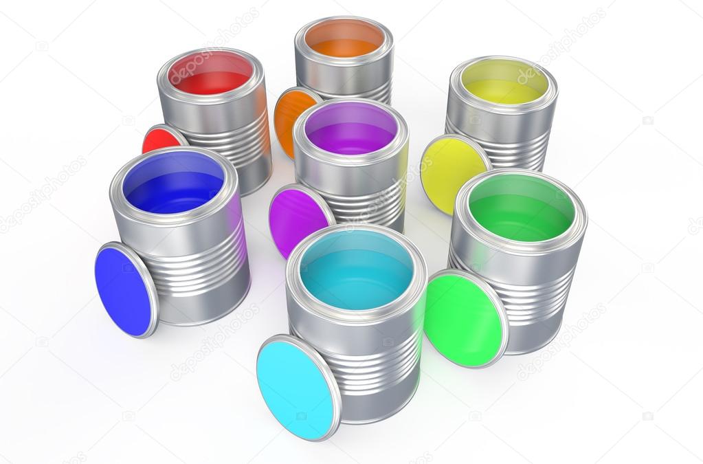 Cans with color paint, rainbow