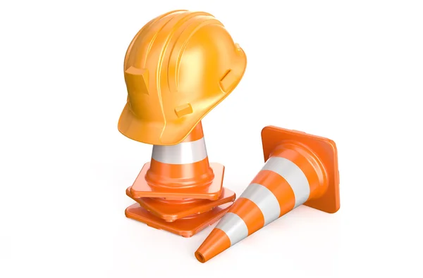 Traffic cones and hardhat — Stock Photo, Image