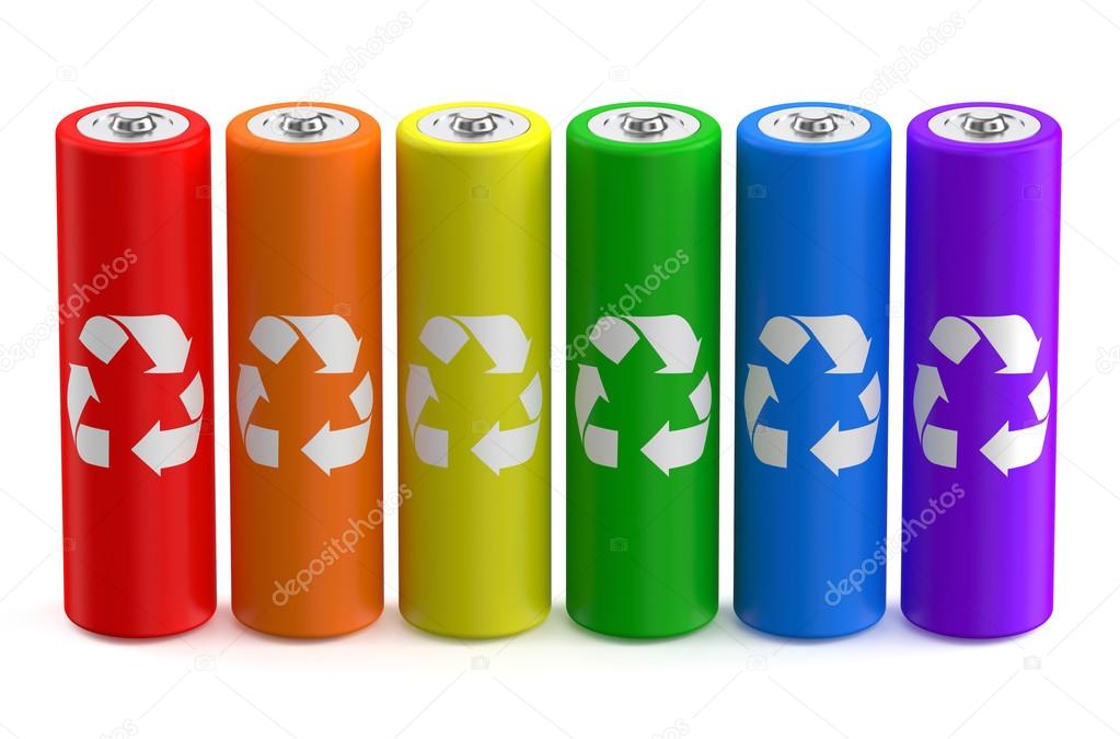 row from multicolored batteries recycle size AA 