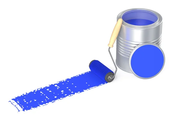 Can with blue paint and roller brush — Stock Photo, Image