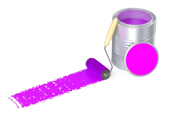 Can with pink paint and roller brush — Stock Photo, Image