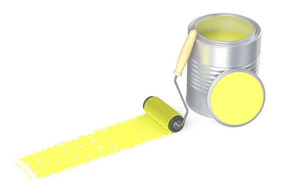 Can with yellow paint and roller brush — Stock Photo, Image