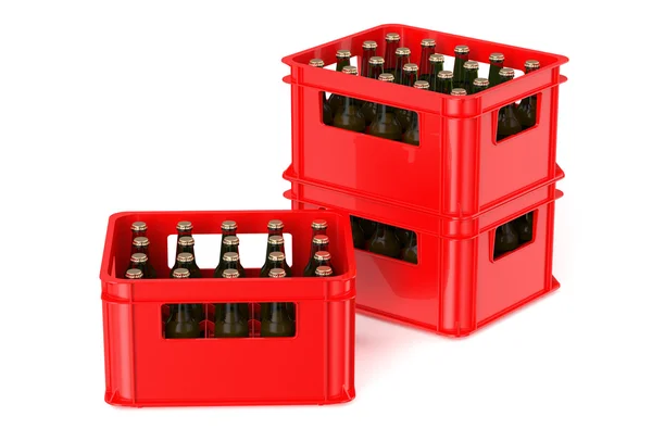 Caixa vermelha cheia de garrafas de cerveja — Fotografia de Stock
