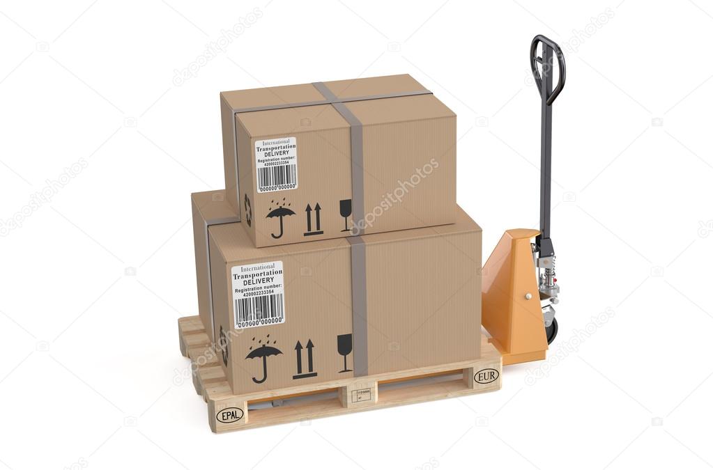 pallet jack with cardboard box