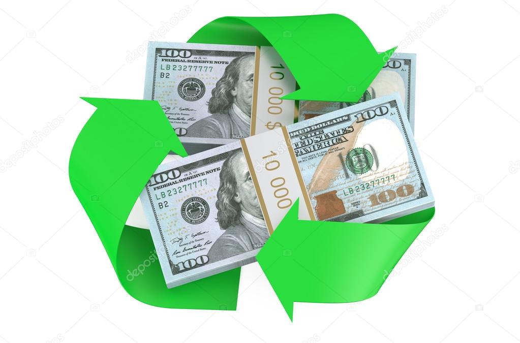 packs of dollars and recycle symbol