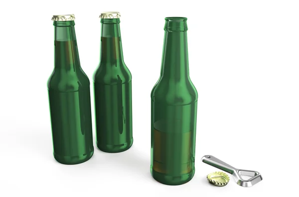 Garrafas de cerveja verde com abridor — Fotografia de Stock