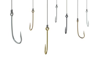 golden and silver fishing hooks on fishing line