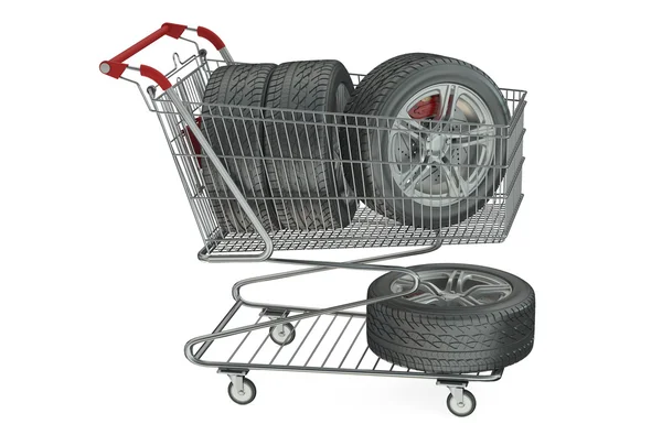 Alışveriş sepeti ile araba tekerlekleri — Stok fotoğraf