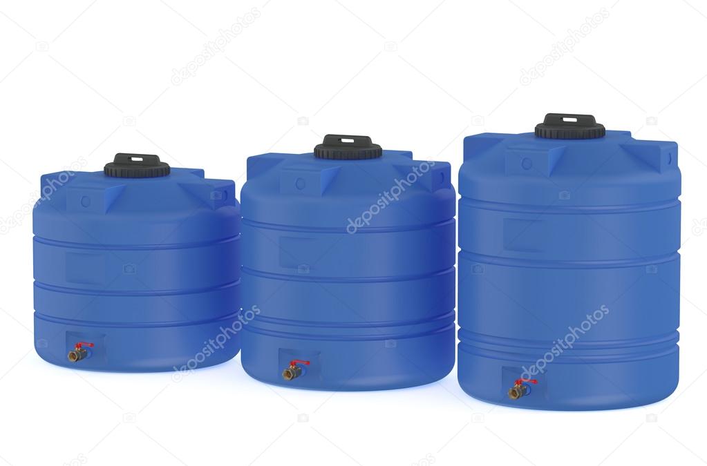 three blue water tanks or water barrels