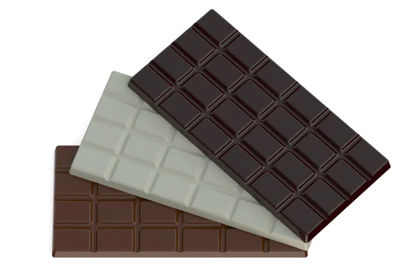 Milk, black and white chocolate bars — Zdjęcie stockowe