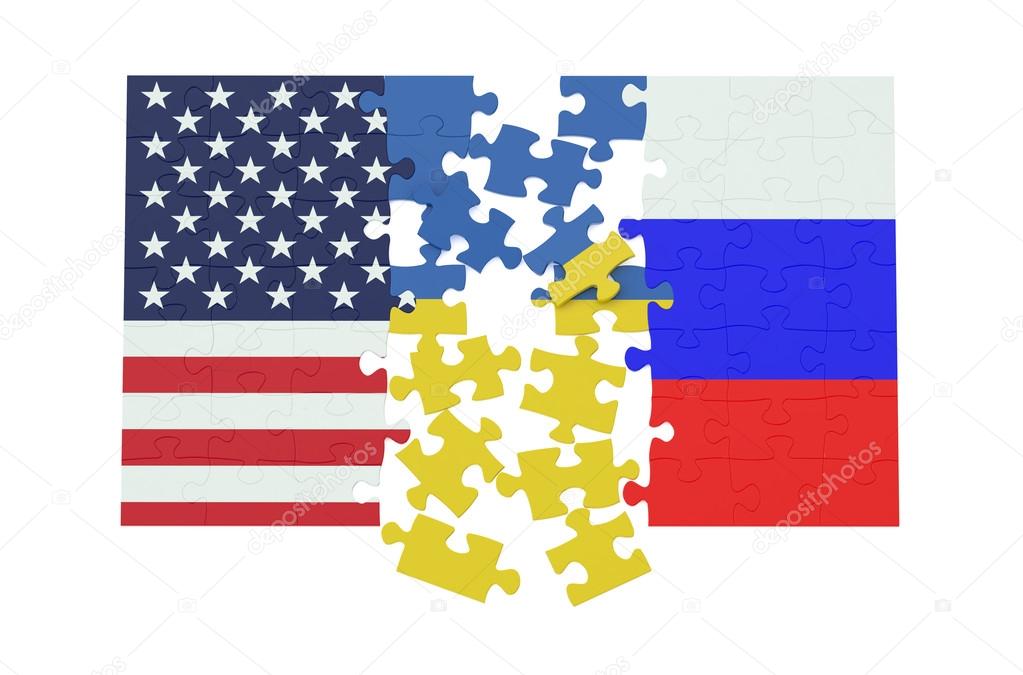 puzzles of Ukraine, Russia and USA flags